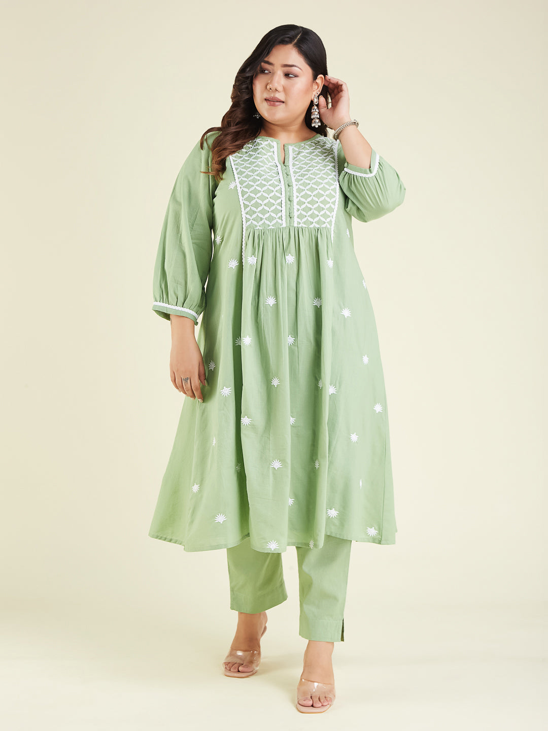 Women's Light Green Pure Cotton Embroidered A-line Kurta Set