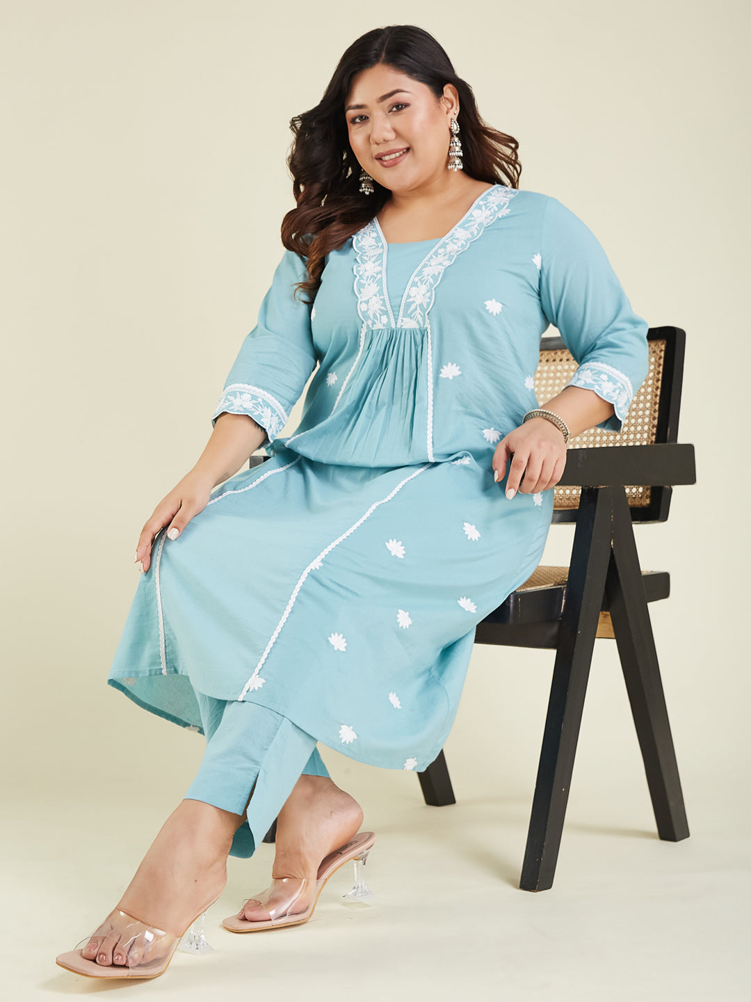 Women's Plus Size Light Blue Pure Cotton Embroidered A-line Kurta Pant Set