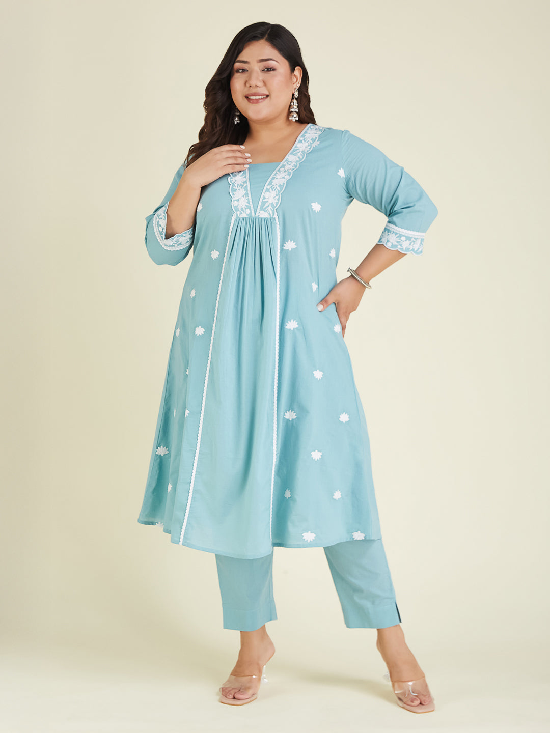 Women's Plus Size Light Blue Pure Cotton Embroidered A-line Kurta Pant Set