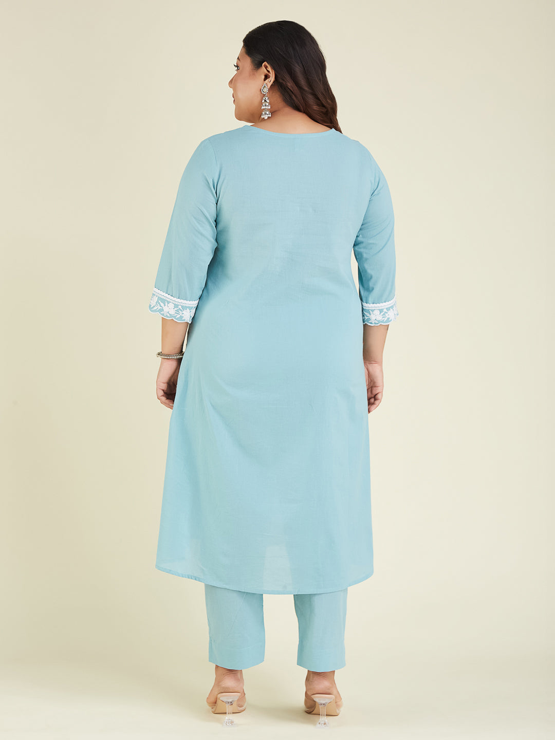 Women's Plus Size Light Blue Pure Cotton Embroidered A-line Kurta Pant Set