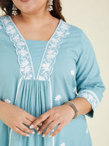 Women's Plus Size Light Blue Pure Cotton Embroidered A-line Kurta Pant Set