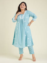 Women's Plus Size Light Blue Pure Cotton Embroidered A-line Kurta Pant Set