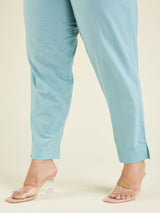 Women's Plus Size Light Blue Pure Cotton Embroidered A-line Kurta Pant Set