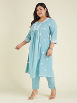 Women's Plus Size Light Blue Pure Cotton Embroidered A-line Kurta Pant Set