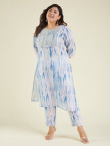 Women's Plus Size Blue Silk Blend Tie & Dye Yoke Embroidered Straight Kurta Pant Set