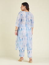 Women's Plus Size Blue Silk Blend Tie & Dye Yoke Embroidered Straight Kurta Pant Set