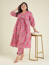 Women's Plus Size Pink Pure Cotton Floral Printed A-line Kurta Pant Set