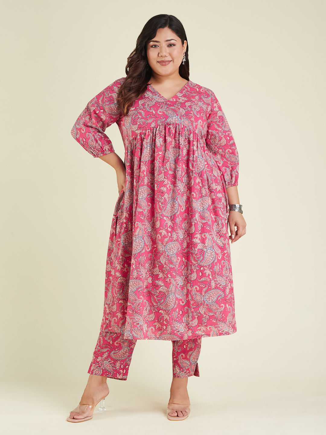 Women's Plus Size Pink Pure Cotton Floral Printed A-line Kurta Pant Set