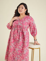 Women's Plus Size Pink Pure Cotton Floral Printed A-line Kurta Pant Set
