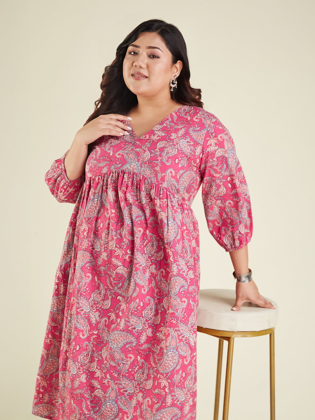 Women's Plus Size Pink Pure Cotton Floral Printed A-line Kurta Pant Set