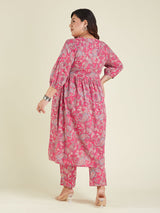 Women's Plus Size Pink Pure Cotton Floral Printed A-line Kurta Pant Set
