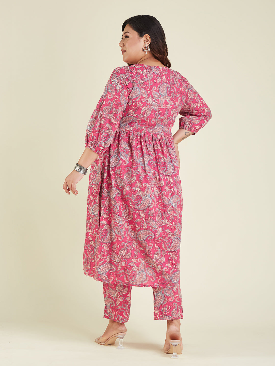 Women's Plus Size Pink Pure Cotton Floral Printed A-line Kurta Pant Set