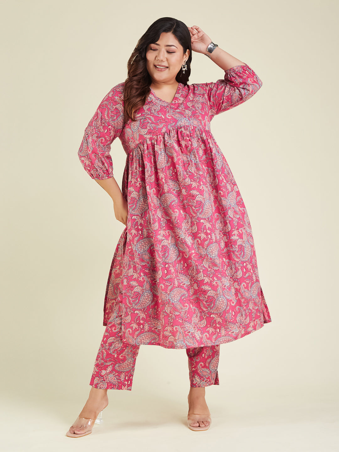 Women's Plus Size Pink Pure Cotton Floral Printed A-line Kurta Pant Set