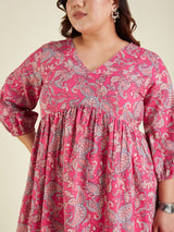 Women's Plus Size Pink Pure Cotton Floral Printed A-line Kurta Pant Set