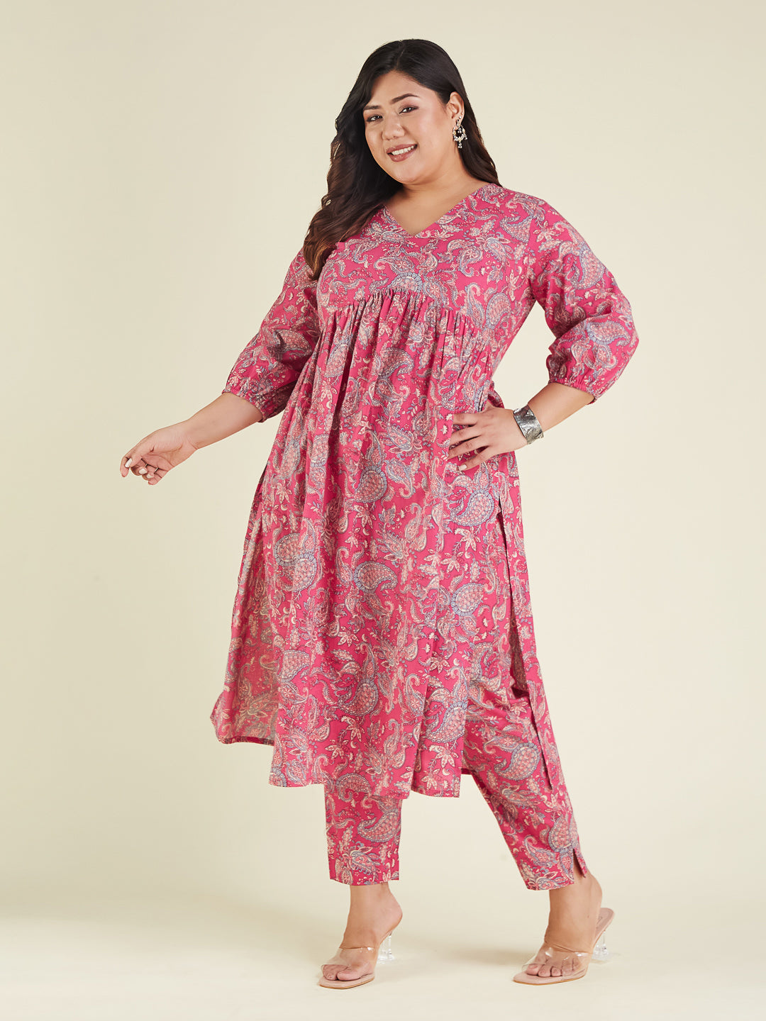 Women's Plus Size Pink Pure Cotton Floral Printed A-line Kurta Pant Set