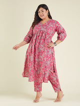 Women's Plus Size Pink Pure Cotton Floral Printed A-line Kurta Pant Set