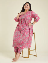 Women's Plus Size Pink Pure Cotton Floral Printed A-line Kurta Pant Set