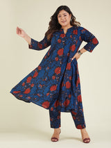 Women's Plus Size Navy Blue Pure Cotton Floral Printed A-line Kurta Pant Set