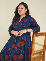 Women's Plus Size Navy Blue Pure Cotton Floral Printed A-line Kurta Pant Set