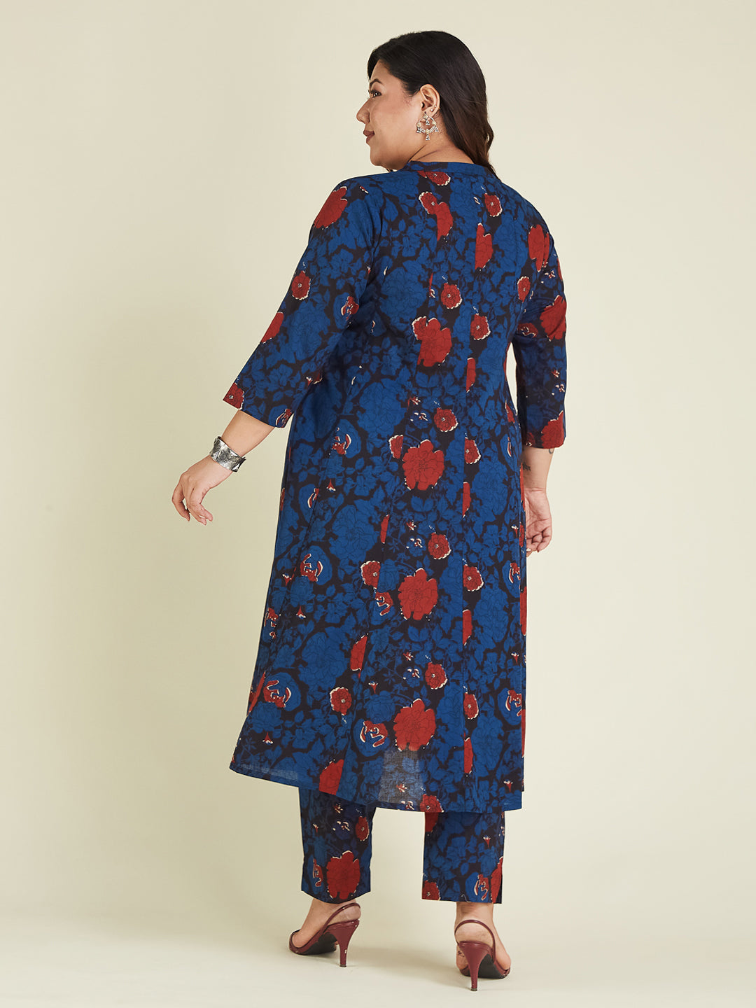 Women's Plus Size Navy Blue Pure Cotton Floral Printed A-line Kurta Pant Set