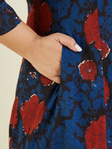 Women's Plus Size Navy Blue Pure Cotton Floral Printed A-line Kurta Pant Set