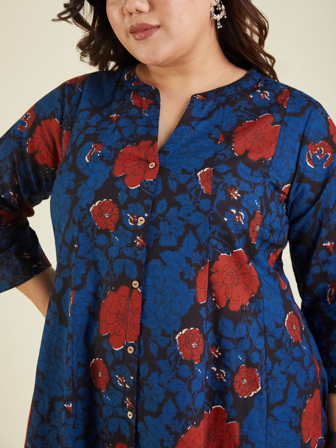 Women's Plus Size Navy Blue Pure Cotton Floral Printed A-line Kurta Pant Set