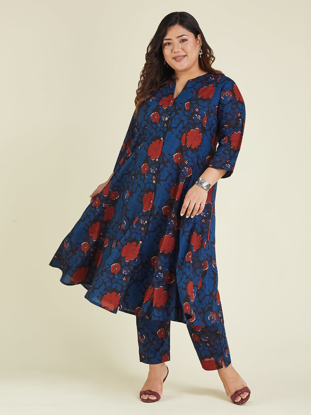Women's Plus Size Navy Blue Pure Cotton Floral Printed A-line Kurta Pant Set