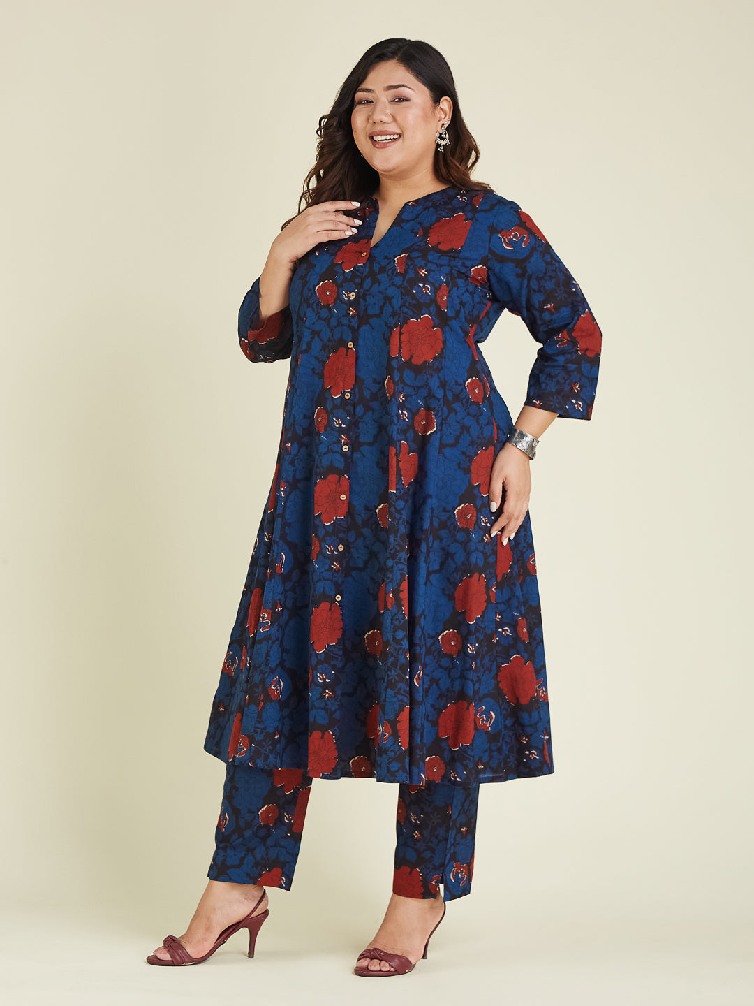 Women's Plus Size Navy Blue Pure Cotton Floral Printed A-line Kurta Pant Set