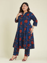 Women's Plus Size Navy Blue Pure Cotton Floral Printed A-line Kurta Pant Set