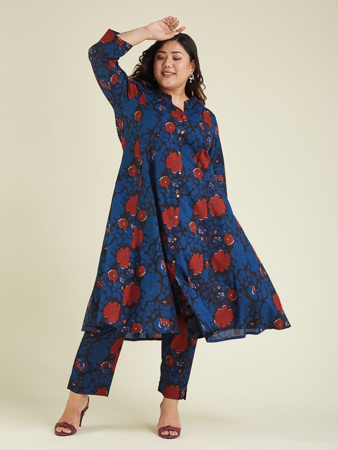 Women's Plus Size Navy Blue Pure Cotton Floral Printed A-line Kurta Pant Set