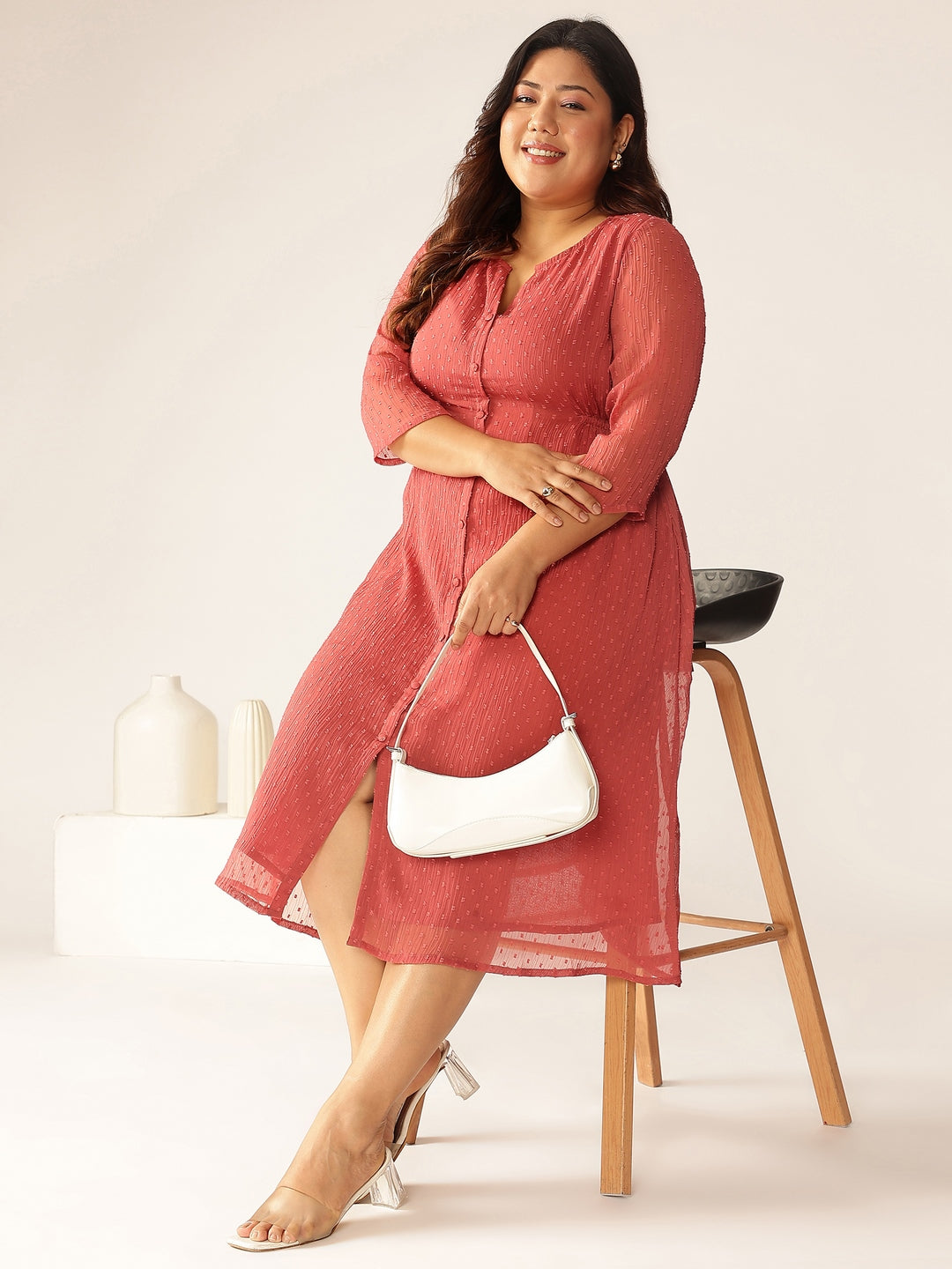 Women's Plus Size Mauve Dobby Chiffon Self Design A-line Kurta