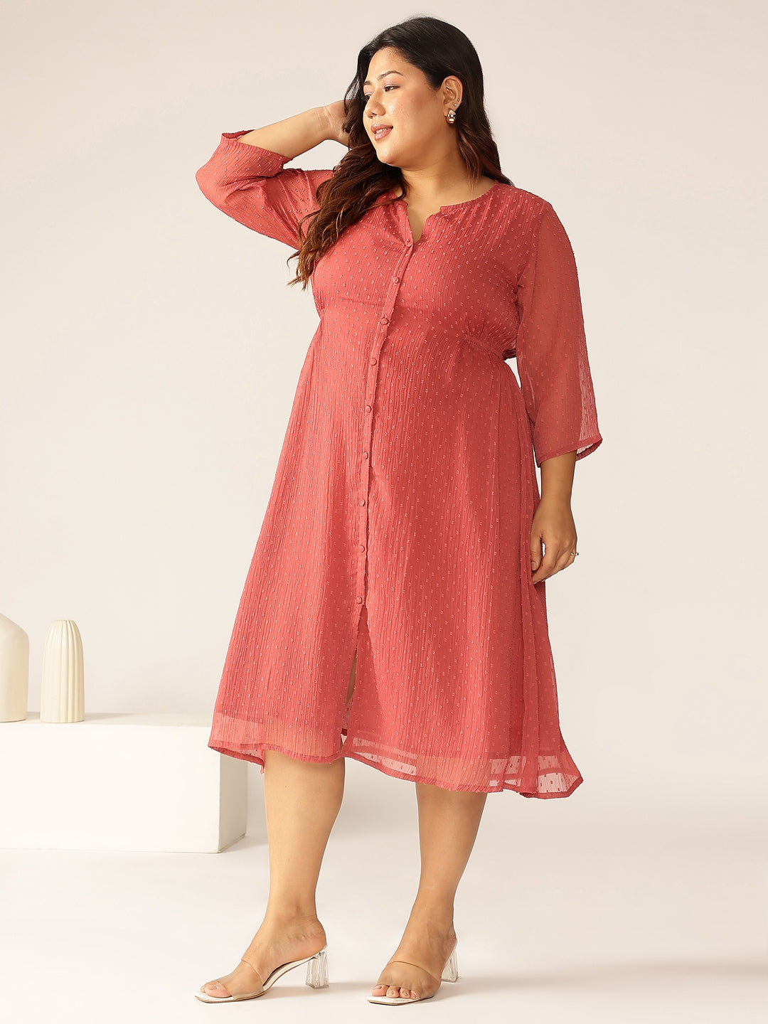 Women's Plus Size Mauve Dobby Chiffon Self Design A-line Kurta