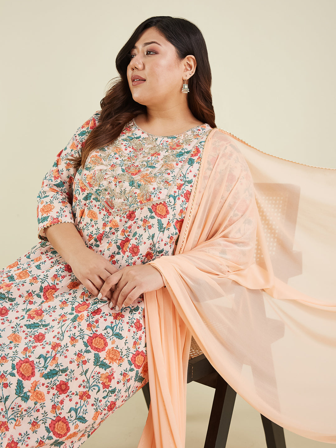 Women's Plus Size Peach Pure Cotton Floral Printed Zari Embroidered Anarkali Kurta Set