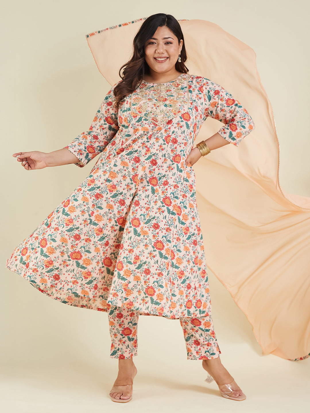 Women's Plus Size Peach Pure Cotton Floral Printed Zari Embroidered Anarkali Kurta Set