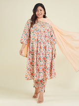 Women's Plus Size Peach Pure Cotton Floral Printed Zari Embroidered Anarkali Kurta Set