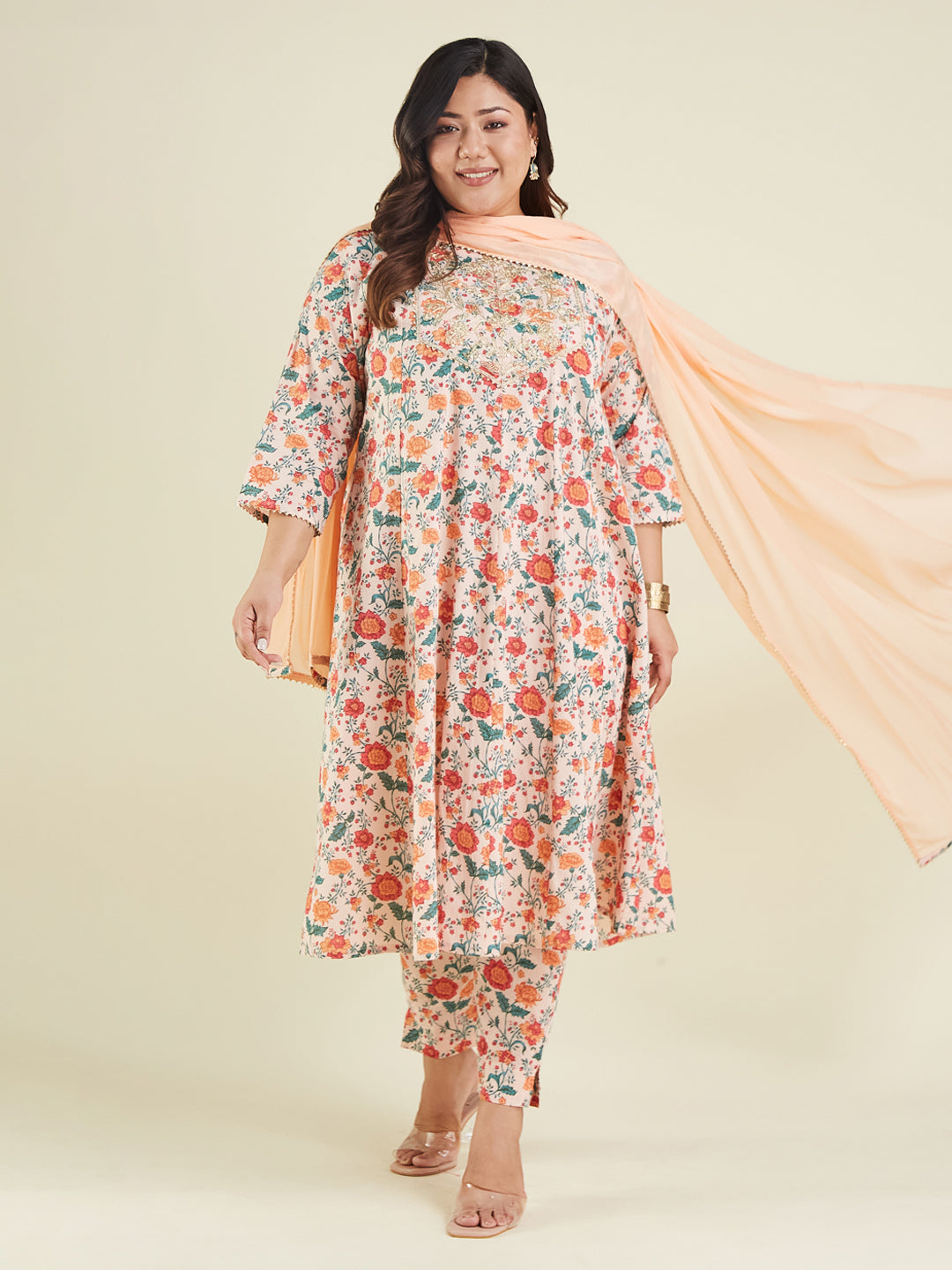 Women's Plus Size Peach Pure Cotton Floral Printed Zari Embroidered Anarkali Kurta Set