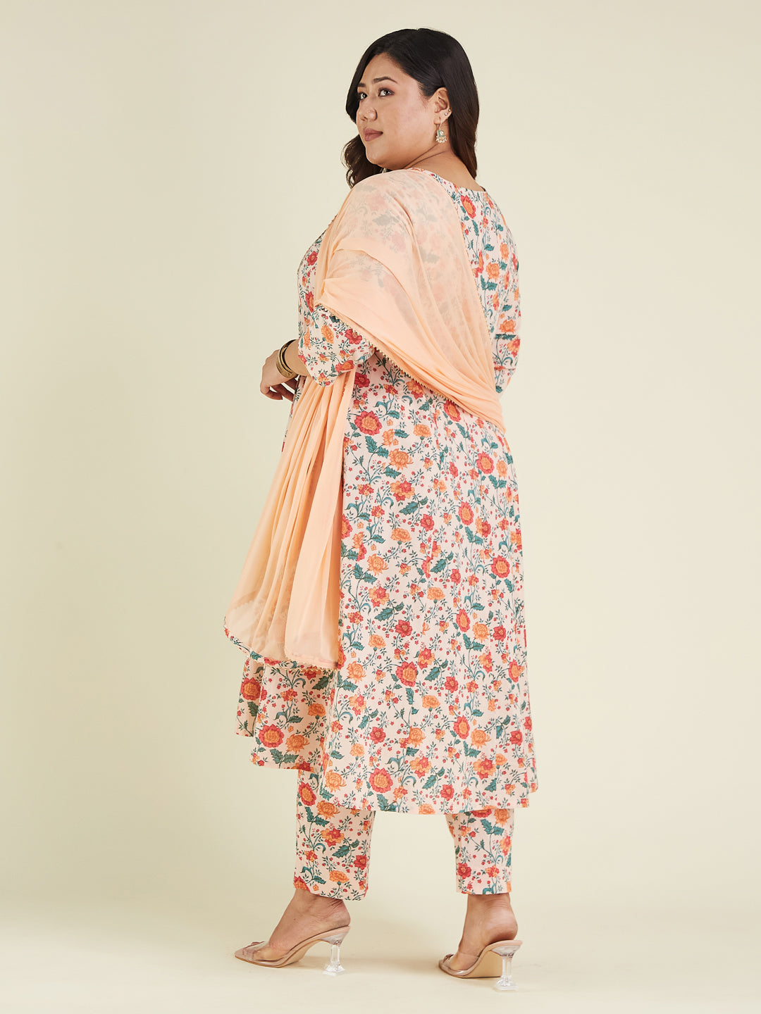 Women's Plus Size Peach Pure Cotton Floral Printed Zari Embroidered Anarkali Kurta Set