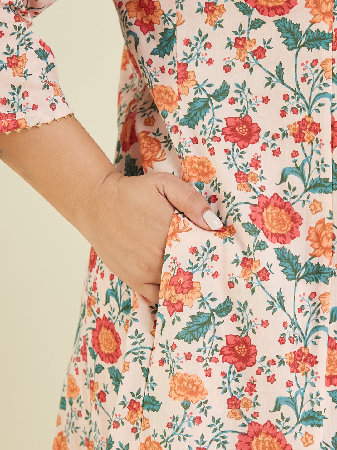 Women's Plus Size Peach Pure Cotton Floral Printed Zari Embroidered Anarkali Kurta Set