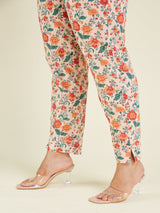 Women's Plus Size Peach Pure Cotton Floral Printed Zari Embroidered Anarkali Kurta Set