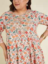 Women's Plus Size Peach Pure Cotton Floral Printed Zari Embroidered Anarkali Kurta Set