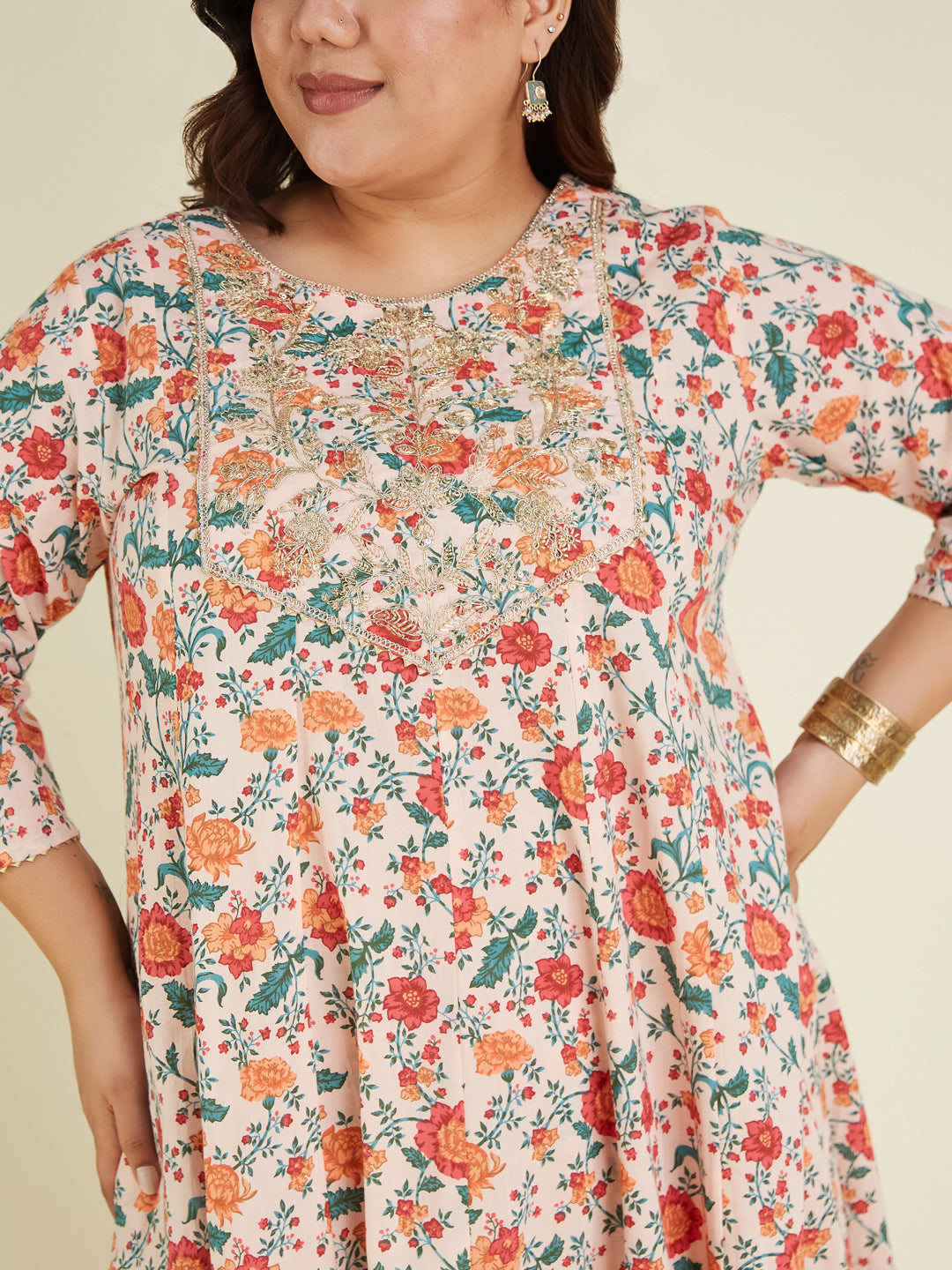 Women's Plus Size Peach Pure Cotton Floral Printed Zari Embroidered Anarkali Kurta Set