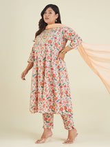 Women's Plus Size Peach Pure Cotton Floral Printed Zari Embroidered Anarkali Kurta Set