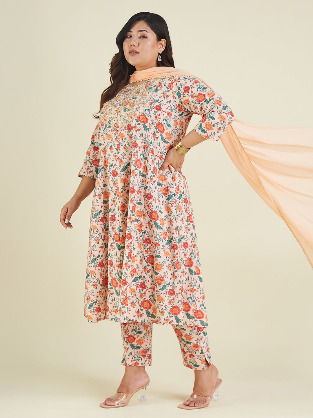 Women's Plus Size Peach Pure Cotton Floral Printed Zari Embroidered Anarkali Kurta Set