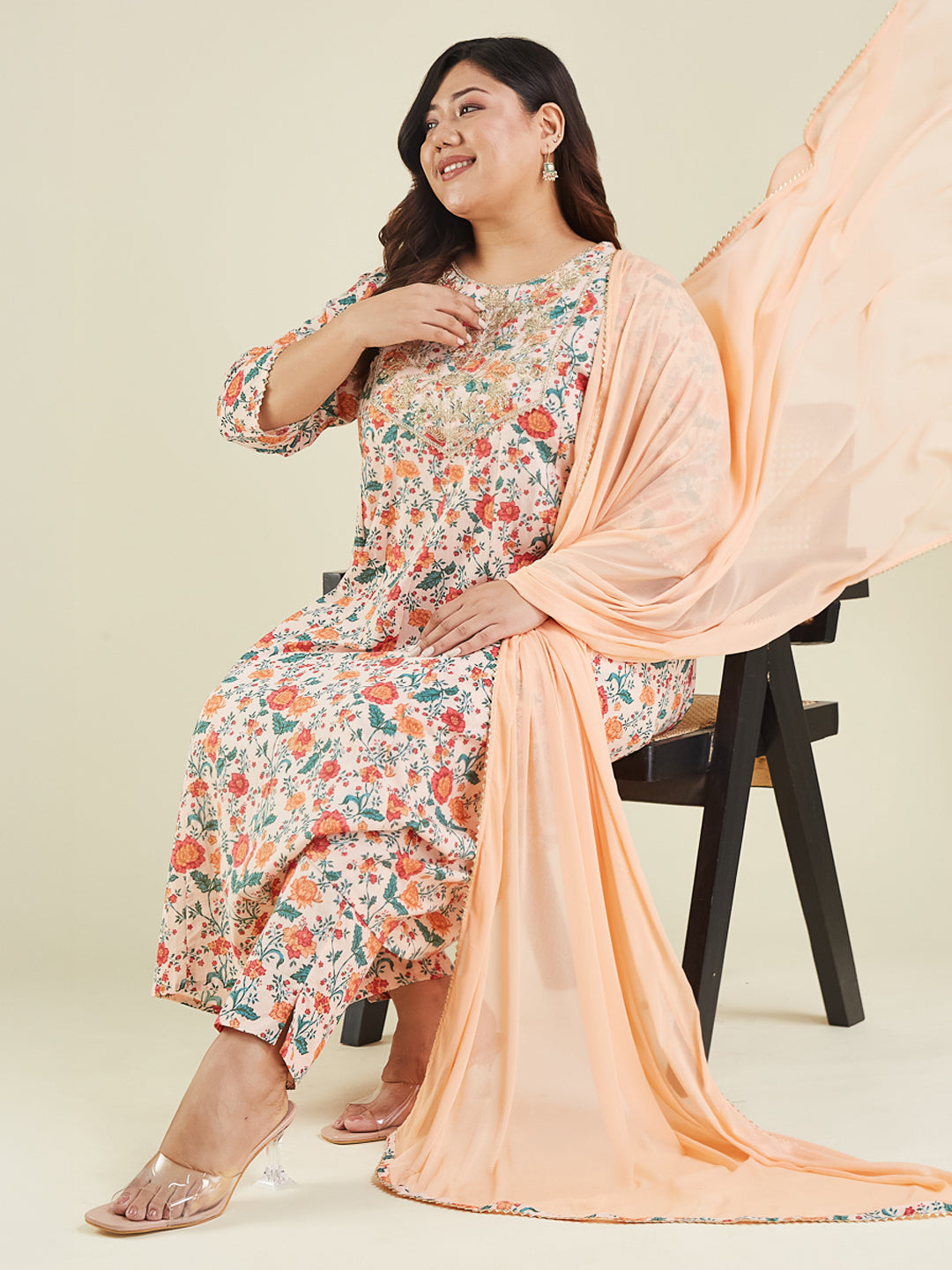 Women's Plus Size Peach Pure Cotton Floral Printed Zari Embroidered Anarkali Kurta Set