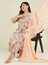 Women's Plus Size Peach Pure Cotton Floral Printed Zari Embroidered Anarkali Kurta Set