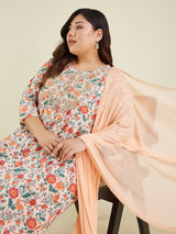 Women's Plus Size Peach Pure Cotton Floral Printed Zari Embroidered Anarkali Kurta Set