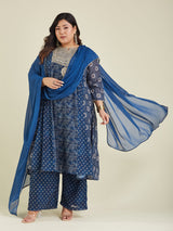 Women's Plus Size Dark Blue Georgette Ajrakh Printed Embellished Anarkali Kurta Set