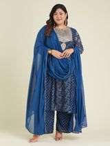 Women's Plus Size Dark Blue Georgette Ajrakh Printed Embellished Anarkali Kurta Set