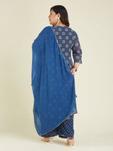 Women's Plus Size Dark Blue Georgette Ajrakh Printed Embellished Anarkali Kurta Set