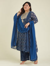 Women's Plus Size Dark Blue Georgette Ajrakh Printed Embellished Anarkali Kurta Set